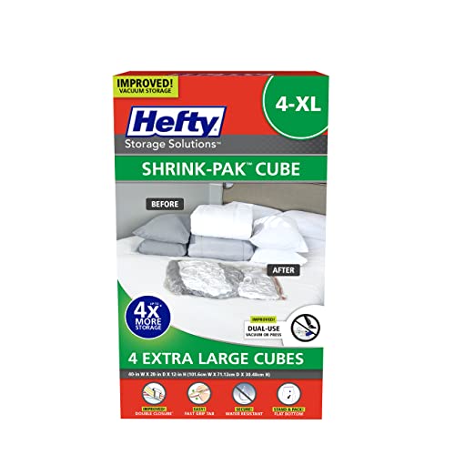 Hefty Shrink-Pak – 4 Extra Large Vacuum Seal Storage Bags – Space Saver Bags for Clothing, Pillows, Towels, or Blankets, 4 x XL Cubes