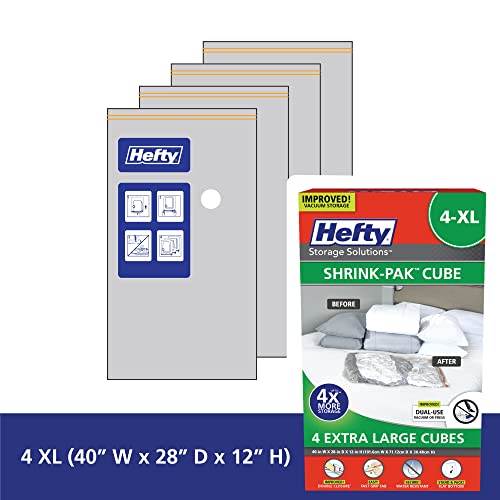 Hefty Shrink-Pak – 4 Extra Large Vacuum Seal Storage Bags – Space Saver Bags for Clothing, Pillows, Towels, or Blankets, 4 x XL Cubes