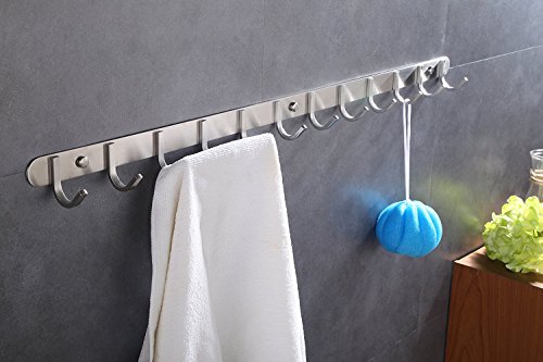 QT Home Decor Hook/Coat Rack with 12 Square Hooks- Modern Wall Mounted - Ultra Durable with Solid Steel Construction, Brushed Stainless Steel Finish, Super Easy Installation, Rust and Water Proof.