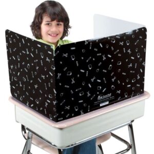 really good stuff large privacy shields for student desks – set of 12 - gloss - study carrel reduces distractions - keep eyes from wandering during tests, black with school supplies pattern