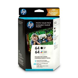 hp 64 | 2 ink cartridges with 4x6 photo paper | black, tri-color | works with hp envy photo 6200 series, 7100 series, 7800 series, hp tango and hp tango x | n9j90an, n9j89an