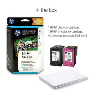 HP 64 | 2 Ink Cartridges with 4x6 Photo Paper | Black, Tri-color | Works with HP ENVY Photo 6200 Series, 7100 Series, 7800 Series, HP Tango and HP Tango X | N9J90AN, N9J89AN
