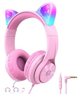 iclever kids headphones with cat ear led light up, safe volume limite kids wired headphones with microphone, funshare foldable over-ear headphones for kids/school/ipad/tablet/travel, meow donut-pink