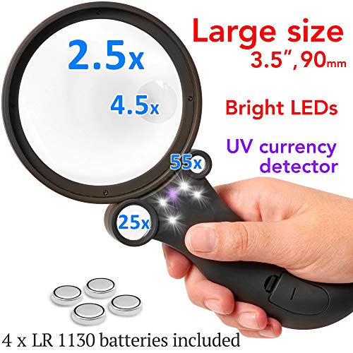 The multipurpose magnifier with light for professionals & collectors | 4 magnification modes | up to 55x magnification | scratch-resistant magnifying glass | for reading, coin, stamp & rock collecting