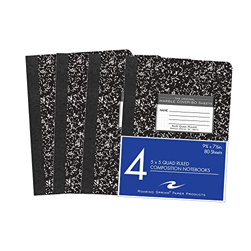 ROARING SPRING Graph Ruled Hard Cover Composition Book, 4 Pack, 9.75" x 7.5" 80 Sheets, Black Marble Cover