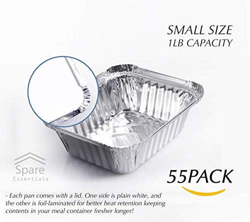 Spare Essentials 55 Pack - Aluminum Pan/Containers with Lids/Foil Containers/Aluminum Pans with Lids/Take Out Containers/Disposable Pans/Aluminum Foil Food Containers/Freezer meals containers (1 LB)