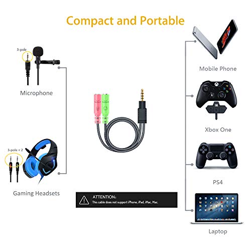 MillSO Headphone Mic Splitter, 3.5mm Headset Adapter (Microphone + Audio) 2 TRS Female to TRRS Male CTIA Stereo Jack Y Cable Compatible for Dual-Plug Gaming Headset to Xbox, PS4, Phone, Laptop, PC