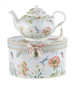 9.5 x 5.6" porcelain tea pot in gift box, dragonfly