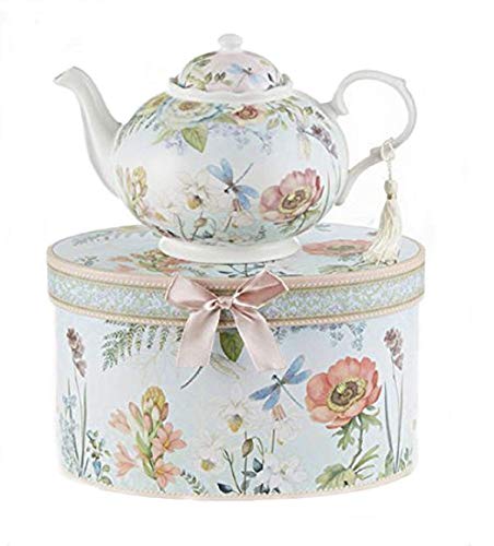 9.5 X 5.6" Porcelain Tea Pot In Gift Box, Dragonfly