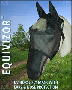 equivizor 95% uv eye protection (cob) horse fly mask with ears/nose. helps with uveitis, corneal ulcer, light sensitive, cancer, designed to stay on your horse, off the ground!
