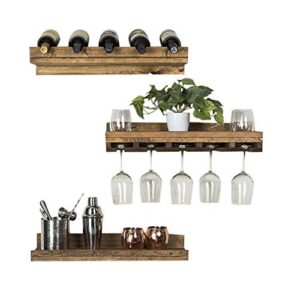 rustic handmade wall mounted 24" three tiered solid wood wine bottle & stemware shelves complete set of 3 (dark walnut)