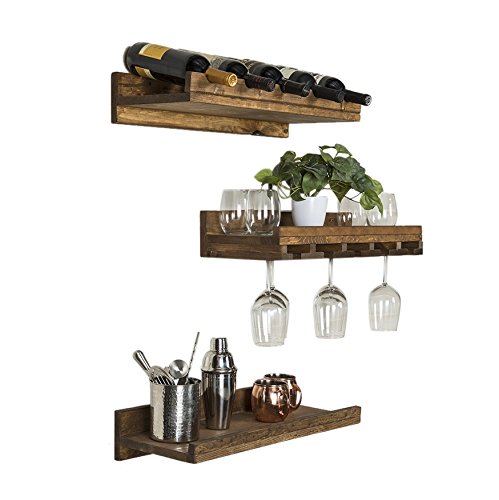 Rustic Handmade Wall Mounted 24" Three Tiered Solid Wood Wine Bottle & Stemware Shelves Complete Set of 3 (Dark Walnut)