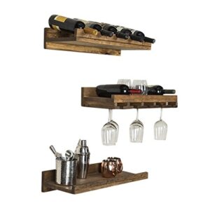 Rustic Handmade Wall Mounted 24" Three Tiered Solid Wood Wine Bottle & Stemware Shelves Complete Set of 3 (Dark Walnut)