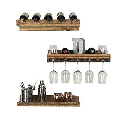 Rustic Handmade Wall Mounted 24" Three Tiered Solid Wood Wine Bottle & Stemware Shelves Complete Set of 3 (Dark Walnut)