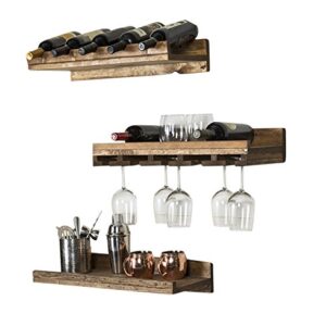 Rustic Handmade Wall Mounted 24" Three Tiered Solid Wood Wine Bottle & Stemware Shelves Complete Set of 3 (Dark Walnut)