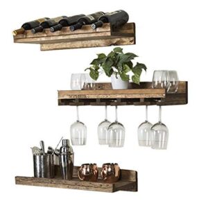 Rustic Handmade Wall Mounted 24" Three Tiered Solid Wood Wine Bottle & Stemware Shelves Complete Set of 3 (Dark Walnut)