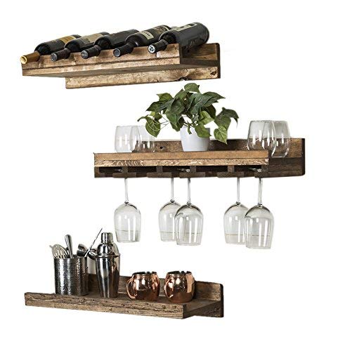 Rustic Handmade Wall Mounted 24" Three Tiered Solid Wood Wine Bottle & Stemware Shelves Complete Set of 3 (Dark Walnut)