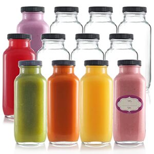 dilabee glass juice bottles with lids [12 pack] bulk glass water bottles with caps for juicing, smoothie, milk, and kombucha - homemade drinking glass bottles for juicing - 16 oz