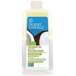 desert essence coconut oil dual phase pulling rinse, mint, 8 fl oz - alcohol free, sugar free, gluten free, vegan, non-gmo - organic virgin coconut oil, sesame oil, sunflower oil & tea tree oil