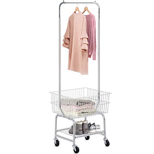 go2buy Standard Commerical Laundry Bulter Rolling Laundry Cart with Hanging Bar, Silver