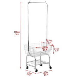 go2buy Standard Commerical Laundry Bulter Rolling Laundry Cart with Hanging Bar, Silver