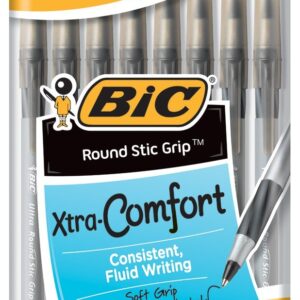 BIC Round Stic Grip Xtra Comfort Ballpoint Pen, Medium Point (1.2mm), Black, 8-Count