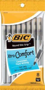 bic round stic grip xtra comfort ballpoint pen, medium point (1.2mm), black, 8-count