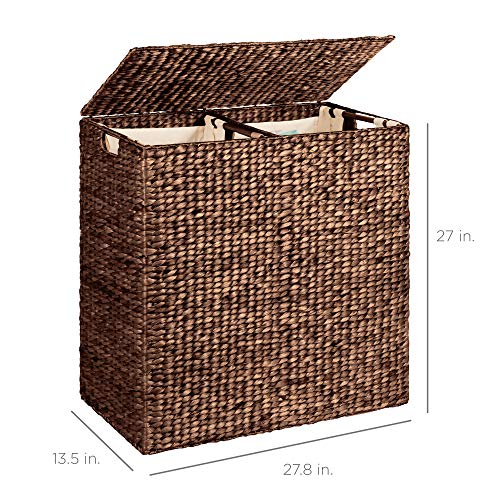 Best Choice Products Rustic Extra Large Natural Woven Water Hyacinth Double Laundry Hamper Storage Basket w/ 2 Removable Machine Washable Cotton Liner Bags, Divided Interior, Lid, Handles - Espresso