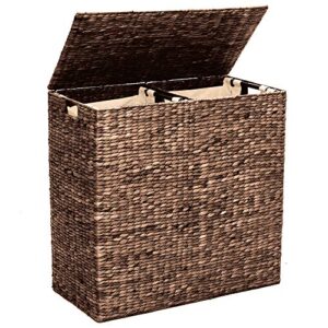 best choice products rustic extra large natural woven water hyacinth double laundry hamper storage basket w/ 2 removable machine washable cotton liner bags, divided interior, lid, handles - espresso
