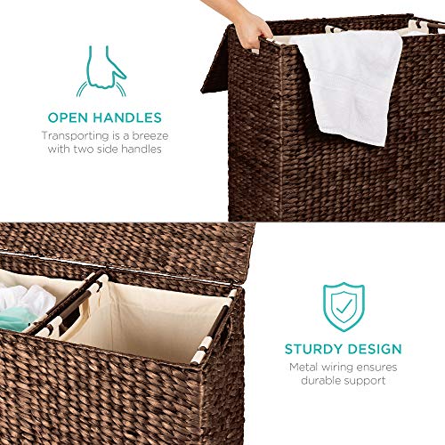 Best Choice Products Rustic Extra Large Natural Woven Water Hyacinth Double Laundry Hamper Storage Basket w/ 2 Removable Machine Washable Cotton Liner Bags, Divided Interior, Lid, Handles - Espresso