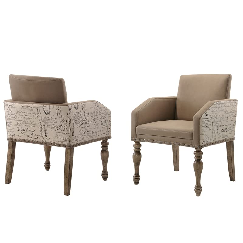 Roundhill Furniture Birmingham Script Printed Driftwood Finish Dining Arm Chair with Nail head, Set of 2,