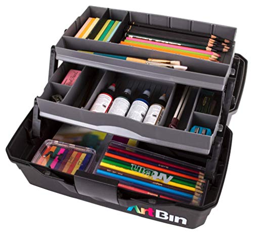 ArtBin 6892AG 2-Tray Art Supply Box, Portable Art & Craft Organizer with Lift-Up Trays, [1] Plastic Storage Case, Gray/Black