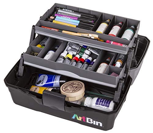 ArtBin 6892AG 2-Tray Art Supply Box, Portable Art & Craft Organizer with Lift-Up Trays, [1] Plastic Storage Case, Gray/Black