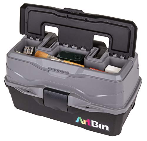 ArtBin 6892AG 2-Tray Art Supply Box, Portable Art & Craft Organizer with Lift-Up Trays, [1] Plastic Storage Case, Gray/Black