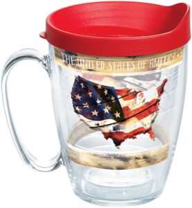 tervis woodgrain american flag insulated tumbler with wrap and red lid, 16 oz, clear