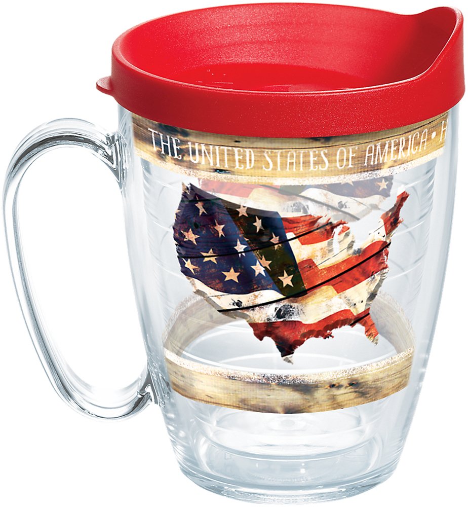 Tervis Woodgrain American Flag Insulated Tumbler with Wrap and Red Lid, 16 oz, Clear