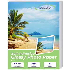 sticker photo paper 8.5 x 11 inch glossy photo quality paper 50 sheets self-adhesive paper for inkjet printers sticky paper printable white, 135 gsm, 50 count pack