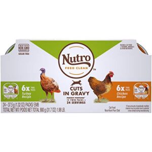 nutro grain free* natural wet cat food cuts in gravy turkey recipe and chicken recipe variety pack, perfect portions twin-pack trays- 1.32 ounce (pack of 24)