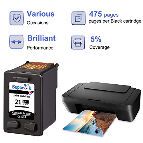 SuperInk 1 Pack 475 Pages High Yield C9351A 21XL Compatible for HP 21 Ink Cartridge DeskJet D1320 D1330 D1341 D1360 D1368 D1400 D1415 D1420