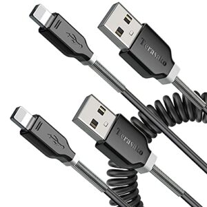 coiled lightning cable for car 2 pack, terasako coil iphone charger cable compatible with iphone 12pro max/12pro/12/11/xs/xs max/xr/x/8/8 plus/ipad/ipod - black