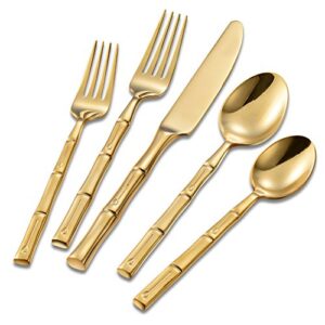 Flatasy Flatware Set Gold Silverware Set with Bamboo Pattern Mirror Polished 20 Pieces Cutlery Set Housewarming Wedding Gift Service for 4