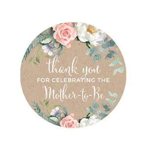 andaz press peach kraft brown rustic floral garden party baby shower collection, round circle label stickers, thank you for celebrating the mother to be, 40-pack