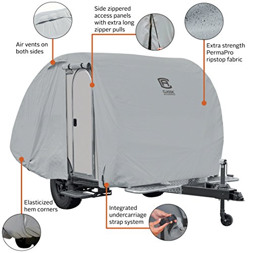 Classic Accessories Over Drive PermaPRO Teardrop Trailer Cover, Fits 8'L x 5'W Trailers, Resists Tears, R-Pod Cover, Travel Trailer Storage Cover, Compatible with R-Pod/Clamshell Trailers, Grey