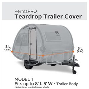 Classic Accessories Over Drive PermaPRO Teardrop Trailer Cover, Fits 8'L x 5'W Trailers, Resists Tears, R-Pod Cover, Travel Trailer Storage Cover, Compatible with R-Pod/Clamshell Trailers, Grey