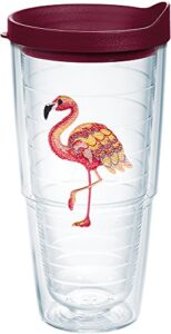 tervis multi-color flamingo tumbler with emblem and maroon lid 24oz, clear