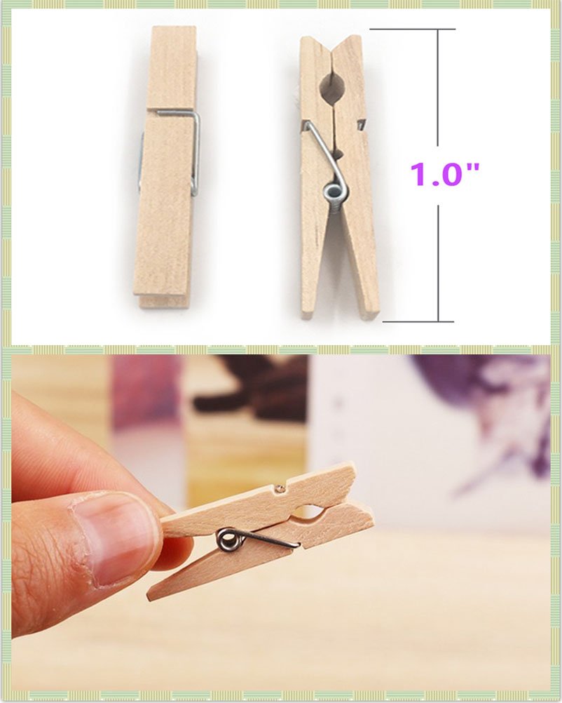 aHeemo Mini Clothespins, Mini Natural Wooden Clothespins with Jute Twine, Multi-Function Clothespins Photo Paper Peg Pin Craft Clips (Natural 250 Pcs)