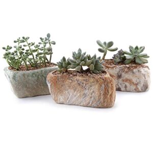t4u 5.5 inch ceramic succulent pot planter with drainage hole set of 3, stone shape rectangle window box cactus plant containers gift for mom sister aunt best for home office table desk decoration