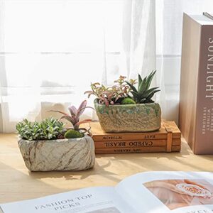 T4U 5.5 Inch Ceramic Succulent Pot Planter with Drainage Hole Set of 3, Stone Shape Rectangle Window Box Cactus Plant Containers Gift for Mom Sister Aunt Best for Home Office Table Desk Decoration