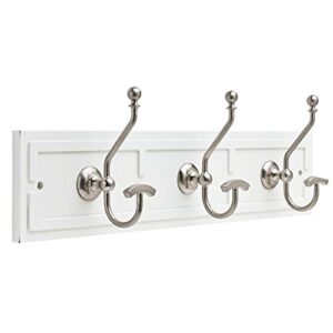 liberty 22 inch stylish wall mounted white and satin nickel wardrobe hook rail/coat rack with 3 pretty dual hanger hooks for coats, hats, scarves, key • extra wide hanging space