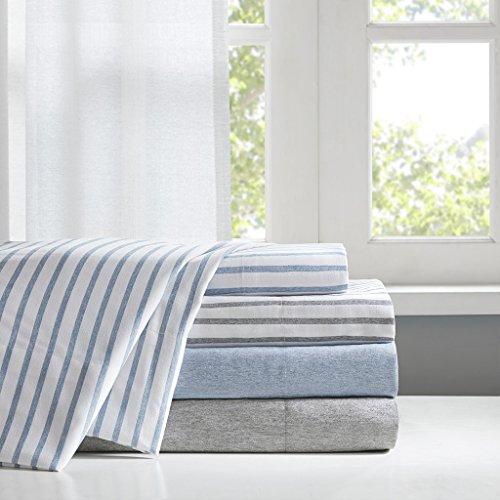 Madison Park Essentials Chambray Printed ultra soft 4 piece sheet set, Grey Stripe, King